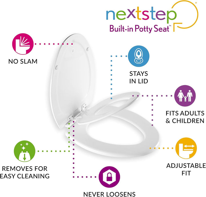Nextstep2 Toilet Seat with Toddler Potty Training Seat Built-In, Slow Close, Easy Clean, Magnetic Removable Kids Seat, Made in USA, ROUND, White