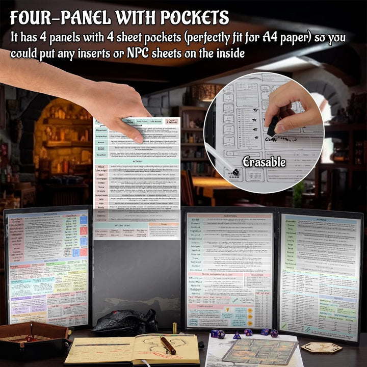 DND Dungeon Master Screen Four-Panel with Pockets, Faux Leather 3D Embossed with Cthulhu - Included DM Screen Inserts and Storage Case