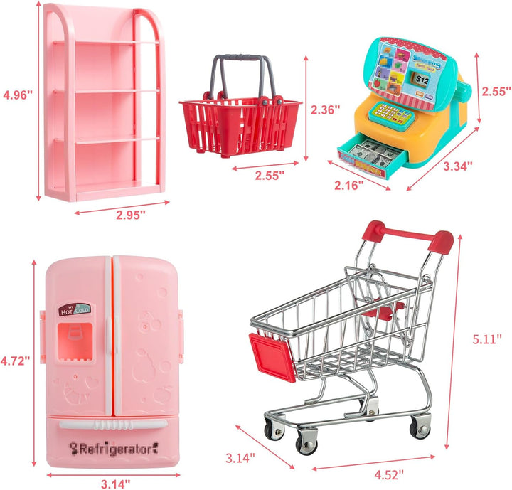 164Pcs Mini Shopping Cart Basket Miniature Food Drink Toy Supermarket Metal Handcart Trolley Dollhouse Store Grocery Accessories Kitchen Play Game Party Model Shelves Cash Register Refrigerator Fridge