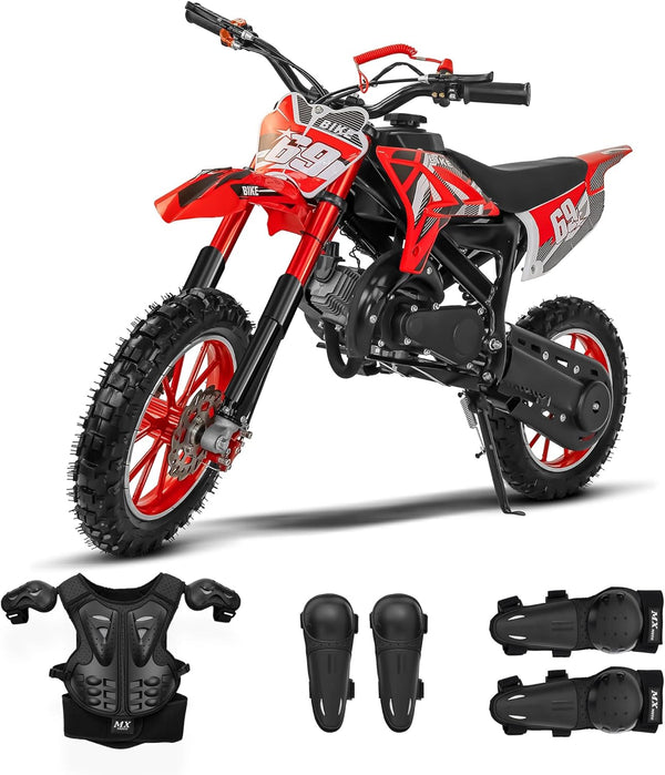 49CC 2-Stroke Engine Kids Dirt Bike Gas Powered, Dual Suspension Off-Road Motorcycle for Kids Ages 13+, Front & Rear Disc Brakes, 28 MPH Max Speed, Supports up to 220LBS, with Armor