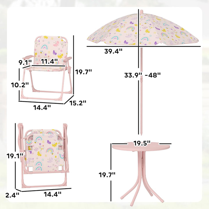 Kids Picnic Table and Chair Set, Outdoor Activity Table with Foldable Chairs, Removable Umbrella, Rainbow Pattern Toddler Patio Furniture for Backyard, Garden, Pink