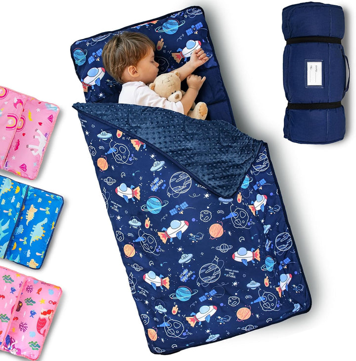 Toddler Nap Mat with Removable Pillow and Fleece Blanket, Extra Large 55''X35'' Sleeping Bag, Washable, Light, Easy to Roll Up, Perfect for Daycare, Preschool, Kindergarten, Travel