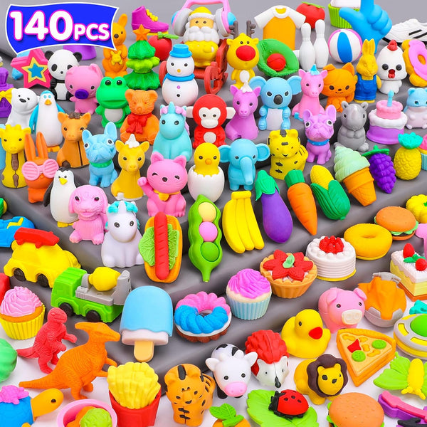140PCS Mini Animal Erasers Bulk Kids Prizes Treasure Box Toys Classroom Rewards Teacher Must Haves Desk Pets Back to School Supplies Random Eraser Party Favors Kids Toys Gifts Pinata Stuffers