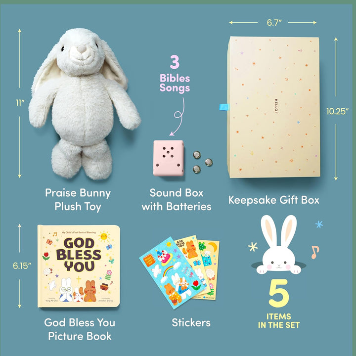 Praise Bunny Christian Baby Gift Set – 11” Musical Plush with 3 Bible Songs, Blessing Book, Keepsake Box & Stickers – Perfect Baptism, Christening Gift for Boys & Girls