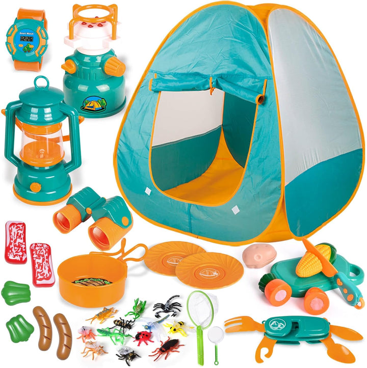 Pop up Play Tent with Camping Gear and Tools Set, Outdoor Toys for Kids