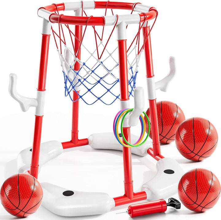 Pool Basketball Hoop, 2-In-1 Floating Pool Toys Ring Game with 4 Balls and Pump, Outdoor Swimming Pool Basketball Games Water Play Toy Family Party for Kids Adults Age 3-12 (Blue)