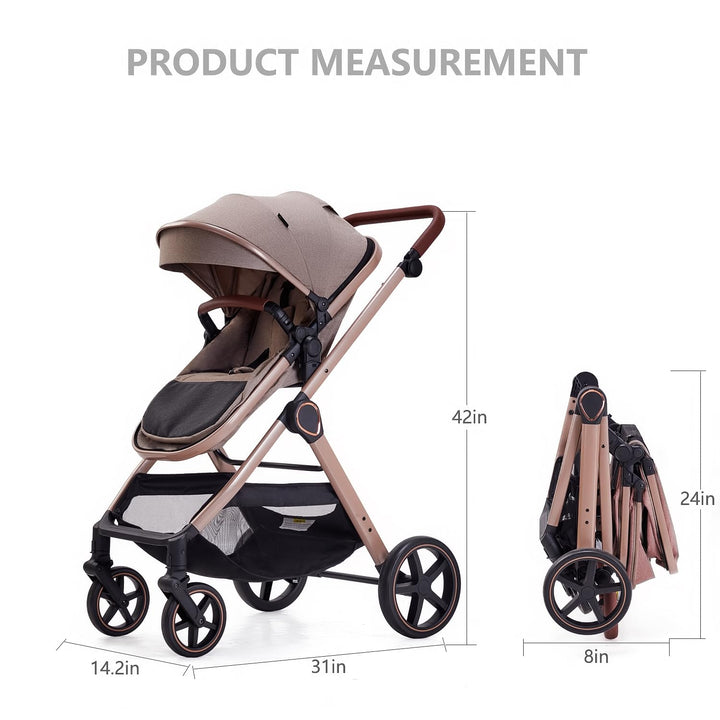 2 in 1 Baby Stroller, Newborn Infant Toddler Convertible Bassinet Pram Stroller for 0-36 Months Old Babies (Beige)