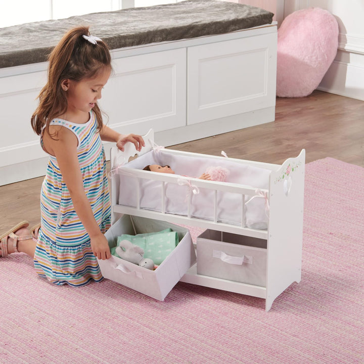 Wooden Doll Bed with Bed Liner, Pillows and Two Storage Baskets - Fits 18" Dolls - Ideal for Pretend Play and Baby Doll Fun - White/Rose Design with Free Personalization Kit