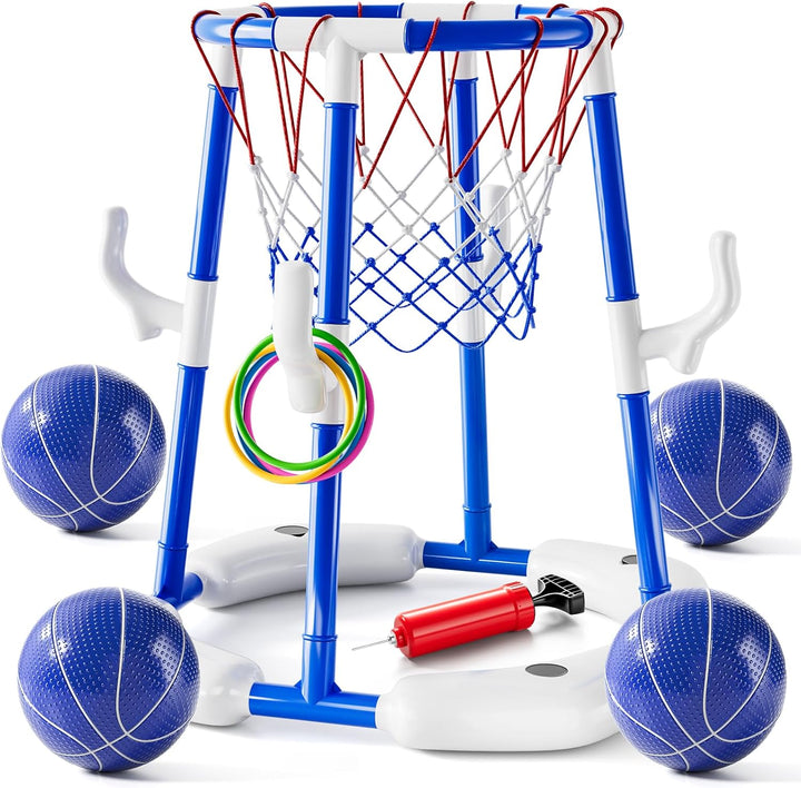 Pool Basketball Hoop Toys for Kids Ages 4-8 8-12 & Adult, Summer Outdoor Swimming Pool Games Water Play Toys Family Party for Kids, 2 In1 Pool Basketball Hoop & Ring Game with 4 Balls 12 Rings & Pump