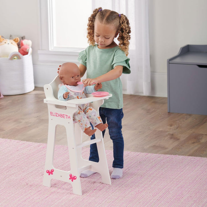 Wooden Baby Doll High Chair - Fits 18" Dolls - Includes Tray, Bib & Free Personalization Kit - Best for Toddler Girls for Pretend Play - White with Pink Gingham Seat