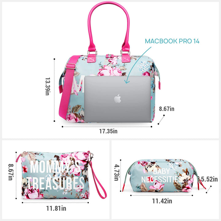 Mommy Bag for Hospital, Hospital Tote for Labor and Delivery, Large Capacity Waterproof Mommy Organizer, Multifunction Overnight Tote for Women, Mom Bag with Straps (Blue Floral)