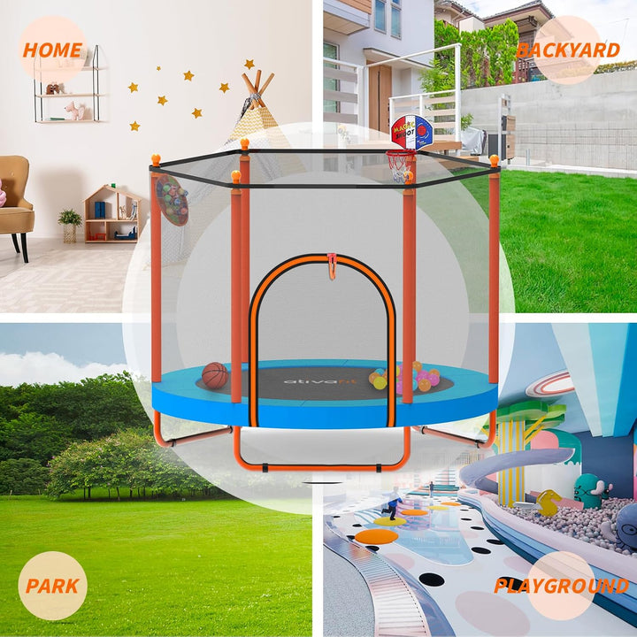 60'' Rebounder Trampoline Indoor Outdoor for Kids Ages 1-8, 5 FT Recreational Toddler Trampoline with Safety Enclosure Net Gifts with Basketball Hoop Dartboard Ocean Bal