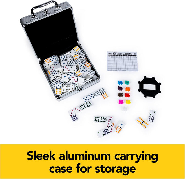 Spin Master Games, Mexican Train Dominoes Set in Aluminum Carry Case, Includes Colorful Trains for Fun-Filled Family Game Night, for Kids & Family, 2-8 Players, for Ages 8 & Up