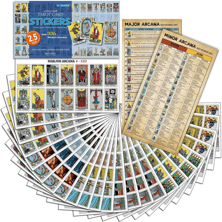Mini Tarot Stickers for Journaling - 1008 PCS Tarot Card Stickers Based on Rider Waite Tarot Deck - 1.25" X 0.78" - Clear Printing & Glossy Finish – 4 Tarot Cheat Sheets Included