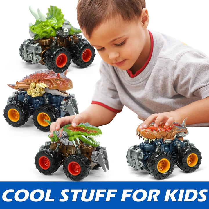 T-Rex Dinosaur Toy Cars for Kids 3-8, Friction Powered Monster Truck with Mechanical Motor, Push N Go Car Stunt Play Party 209-R3