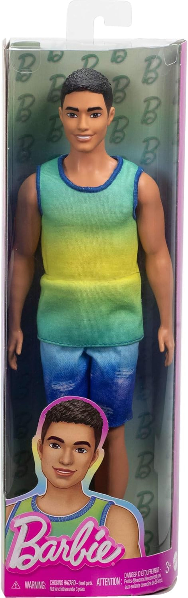 Fashionistas Ken Doll #236 with Black Hair, Wearing Blue and Green Ombre Tank with Jean Shorts and Silver Sneakers