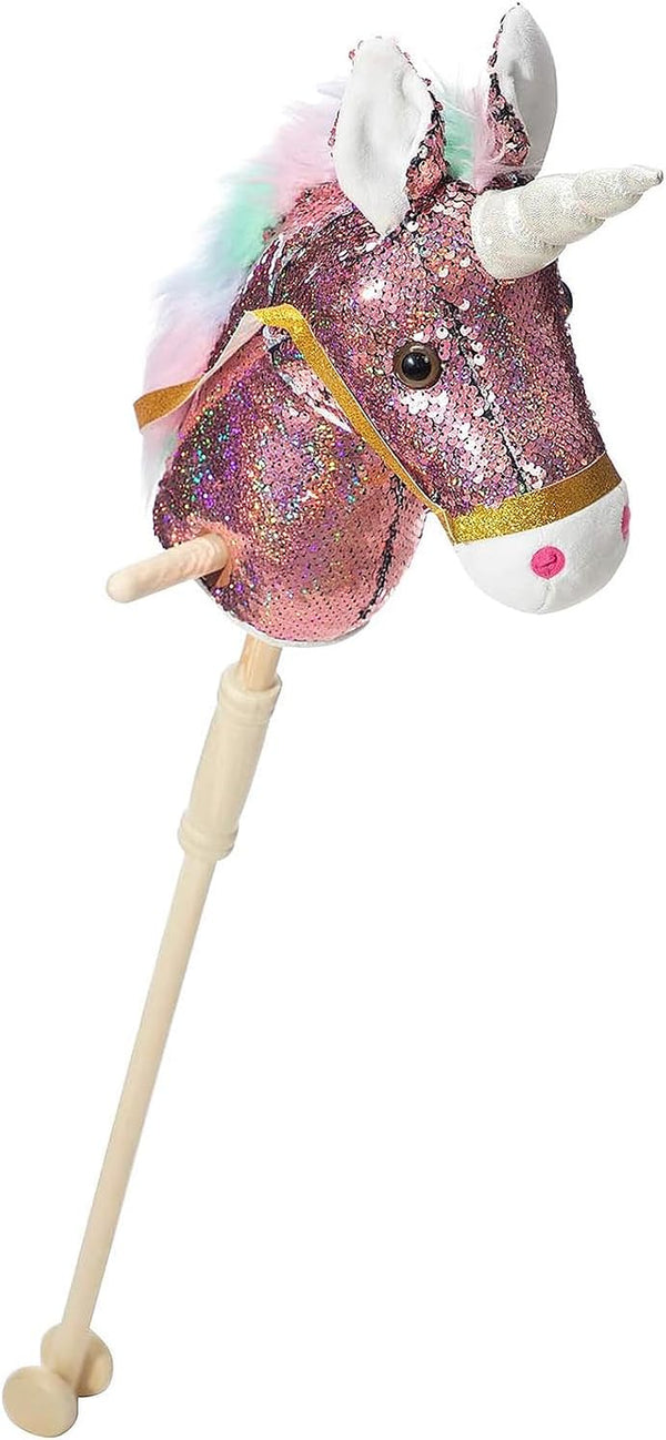 Sequin Unicorn Stick Horse Handcrafted Hobby Horse on a Stick with Wood Wheels Real Pony Neighing and Galloping Sounds Plush Unicorn Toy Pink 36 Inches(Aa Batteries Required)