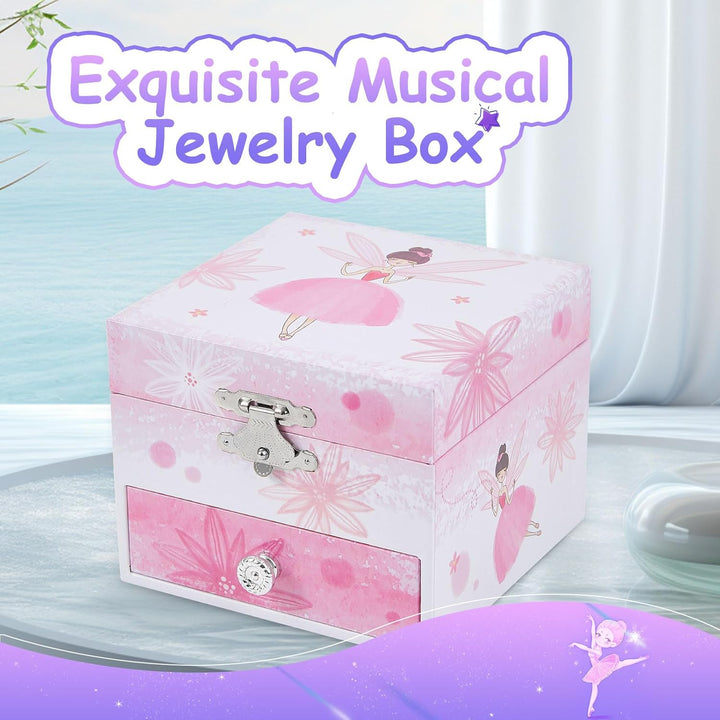 Girls Musical Jewelry Box with Drawer and Spinning Ballerina,Fairy Disign Kids Music Box for Little Girls Gifts Jewel Storage for Kids Ages 3-10