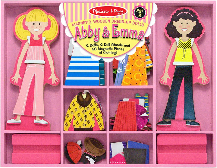 Abby and Emma Deluxe Magnetic Wooden Dress-Up Dolls Play Set (55+ Pcs) Magnetic Paper Dolls for Kids Ages 3+
