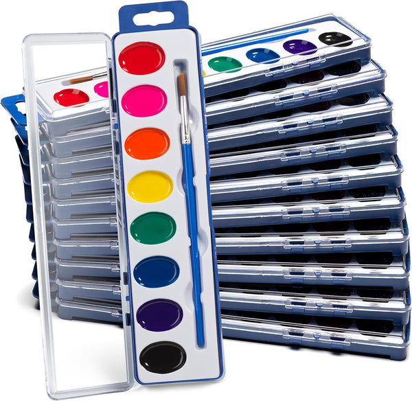 Watercolor Paint Sets for Kids - Bulk Pack of 12, 8 Washable Water Color Paints in Palette Tray and Painting Brush for Coloring, Art, Classrooms and Paint Party Supplies