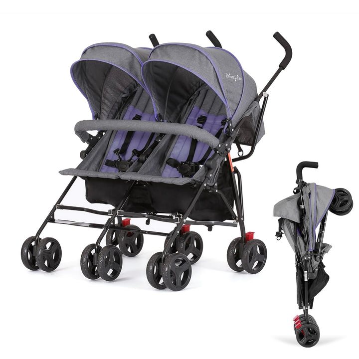 Volgo Twin Umbrella Stroller in Black, Lightweight Double Stroller for Infant & Toddler, Compact Easy Fold, Large Storage Basket, Large and Adjustable Canopy