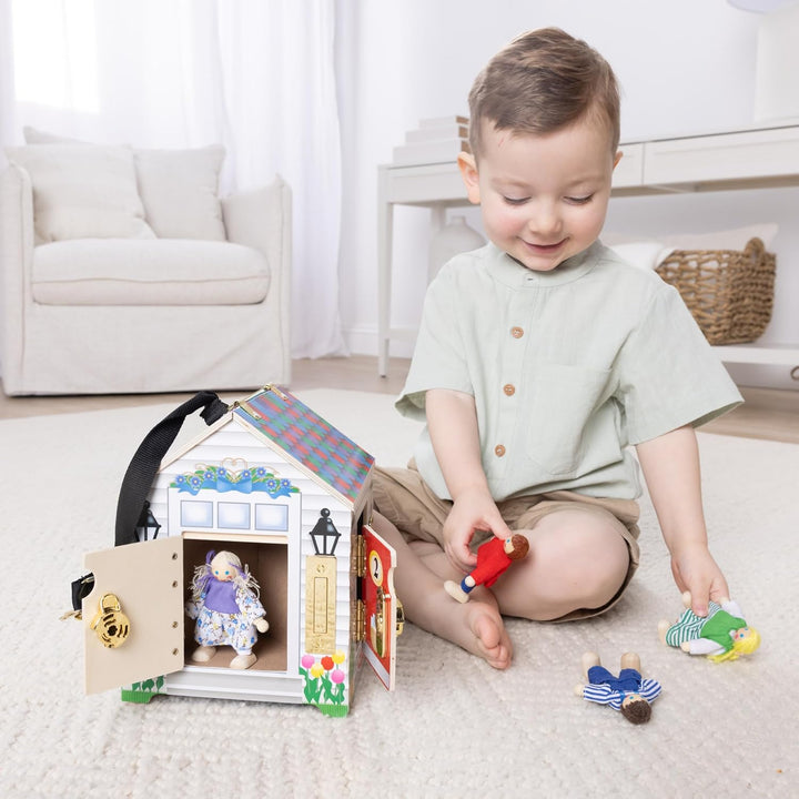 Take-Along Wooden Doorbell Dollhouse - Doorbell Sounds, Keys, 4 Poseable Wooden Dolls Portable Doll House, Doorbell House for Kids Ages 3+