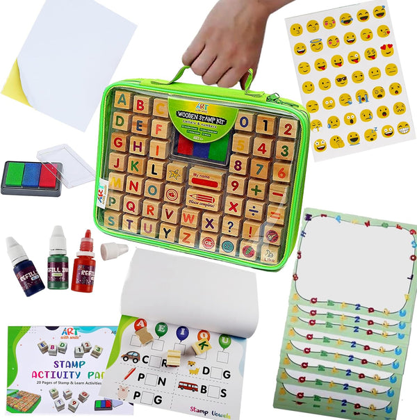 Large Wooden Stamp Premium Set for Kids. 72 Pcs Alphabet Stamps. Letters, Numbers, 3-Color Washable Ink Pad, 3 Refill Bottles, Activity Book. Ideal Creativity Kit for Back to School