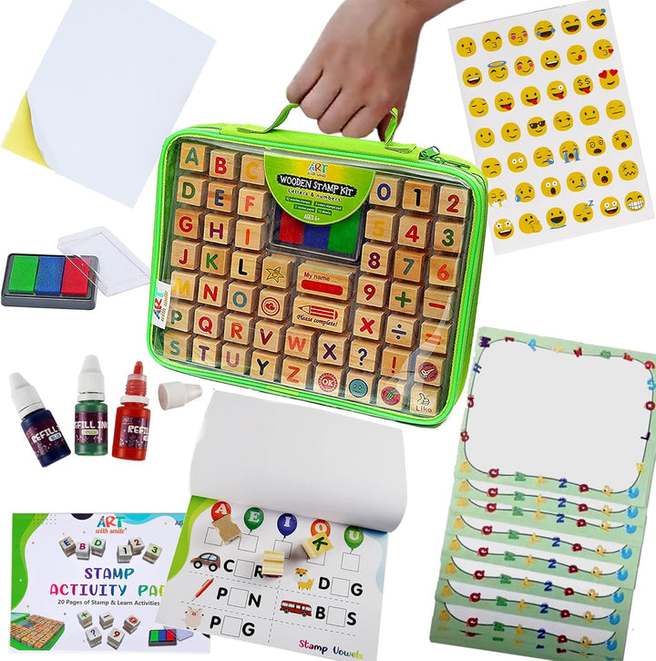 Large Wooden Stamp Premium Set for Kids. 72 Pcs Alphabet Stamps. Letters, Numbers, 3-Color Washable Ink Pad, 3 Refill Bottles, Activity Book. Ideal Creativity Kit for Back to School