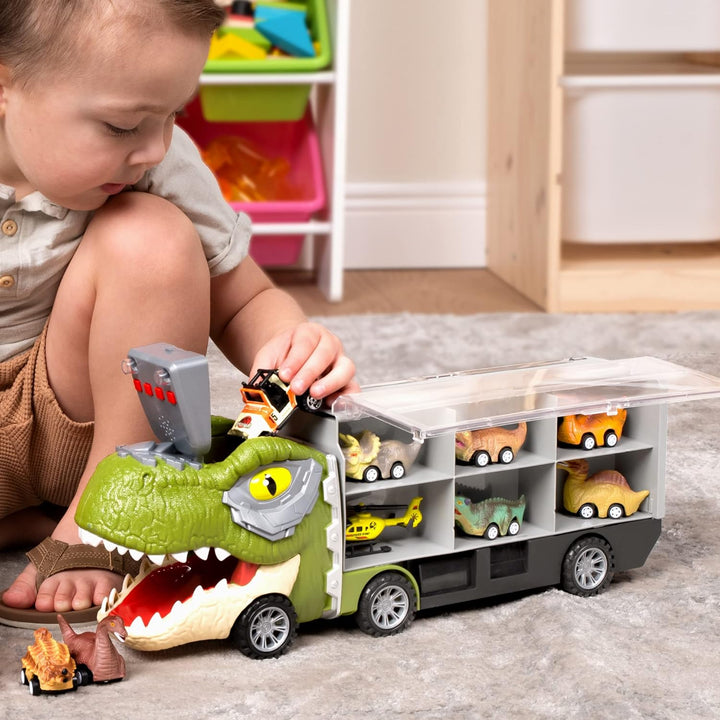 13 in 1 Dinosaur Toys for Kids 3-5, Dinosaur Truck with 12 Pull Back Cars, Small Cars Set, Birthday Gifts Toys for 3 4 5+ Year Old Boy, Transport Carrier Truck for Toddlers 3-4 Years