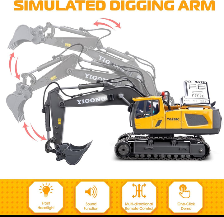 Remote Control Excavator Toys, 11 Channel 1:20 RC Construction Vehicles, 680° Rotation Hydraulic Car Toys for 4 5 6 7 8 9 10 Year Old Boys Kids, RC Truck Digger Toys Christmas Birthday Gifts