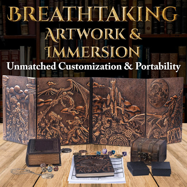 DM Screen for DND with 4 Wider Panels - Stunning Panoramic Battle Scene & Clear Game Master GM Pockets - 3D Embossed Faux Leather Dungeon Master Screen for D&D, RPG (Fits US Letter 8.5 X 11)
