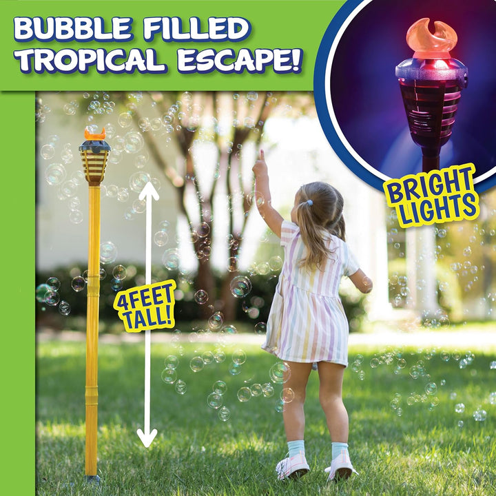 Tiki Torch Bubbler - Bubble Machine with Lights and Music, Bubble Blower and Wand, Rechargable Outdoor Toy for Kids Teens Adults, 4 Feet Tall, Includes 4Oz Bubble Solution