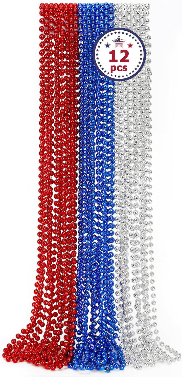 Mardi Gras Beads, 12PCS Bead Necklace Party Favors, Metallic 6 Kinds of 33" Beaded Necklaces Costumes Stuff, Festival Parade Throw Accessory Sets for Mardi Gras Celebrations Decorations