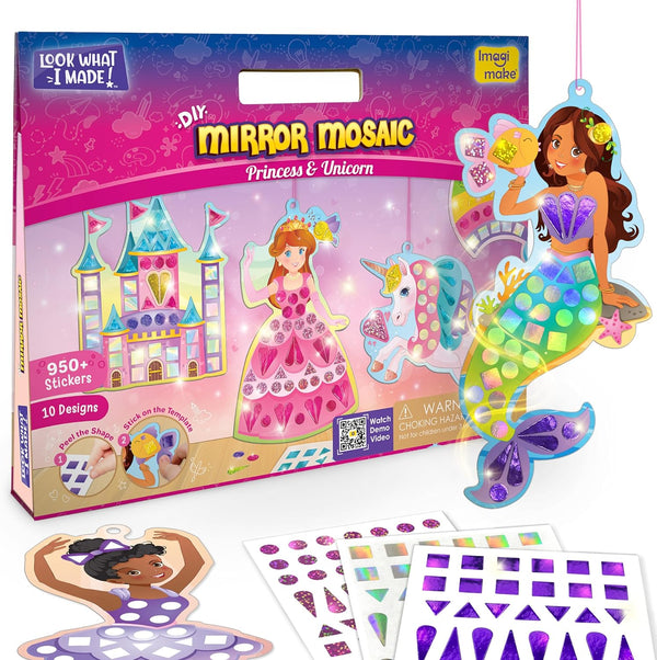 Mirror Mosaic Princess & Unicorn Kids Art Set | DIY Craft Kit | Foil Stickers for Kids | Birthday Gift for Girls and Boys Ages 3,4,5,6,7,8 | 3 Year Old Girl Gifts
