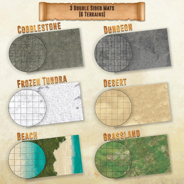 DND Map Starter Kit for Dungeons & Dragons Game - 24” X 36" 3 Pack Double Sided, Wet/Dry Erase Battle Terrain Grid - Ultimate Tabletop Board Gaming Experience with Accessories