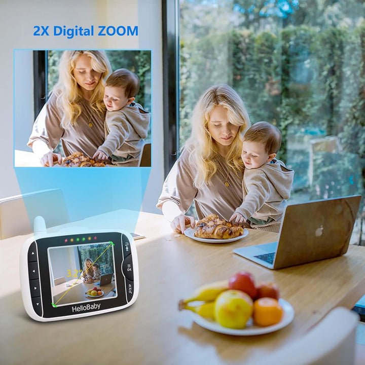 Baby Monitor with 2 Cameras, No Wifi, with Camera and Audio,Video, Night Vision 2-Way Audio, Fully Remote Pan & Tilt, 2X Zoom, ECO Mode, 8 Lullabies