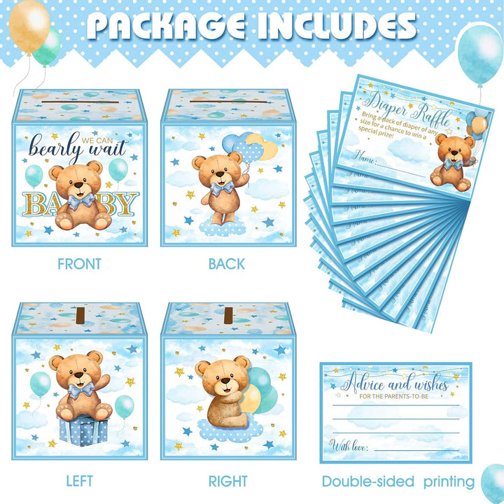 51 Pieces Bear Diaper Raffle Box with Tickets for Baby Shower Game Decoration Gender Reveal Party Blue Diaper Raffle Sign Bear Themed Insert Card Ticket Invitation Advice and Wishes