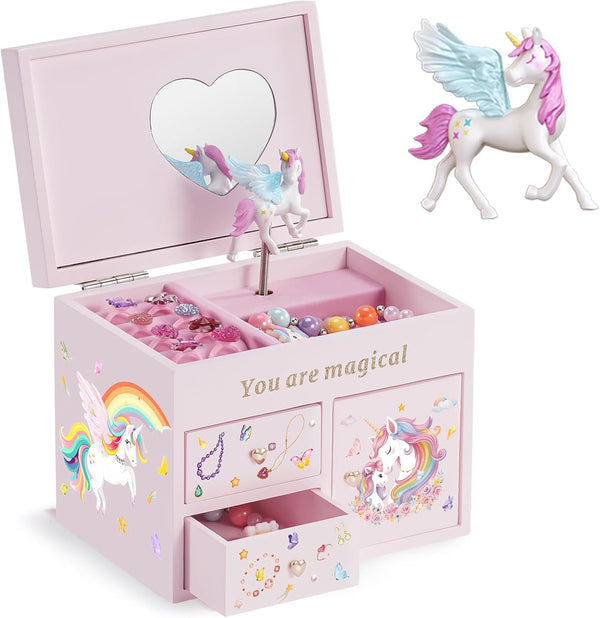 Wooden Jewelry Box with Unicorn for Girls, Musical Children'S Jewelry Organizer, Gift for Toddler Age 2 3 4 5 6 7 8 9 on Birthday -Pink