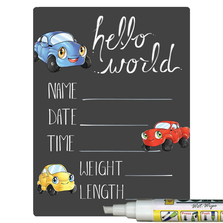 Hello World Newborn Baby Announcement Chalkboard Sign with Automobile Theme, 12 by 16 Inches, No Marker