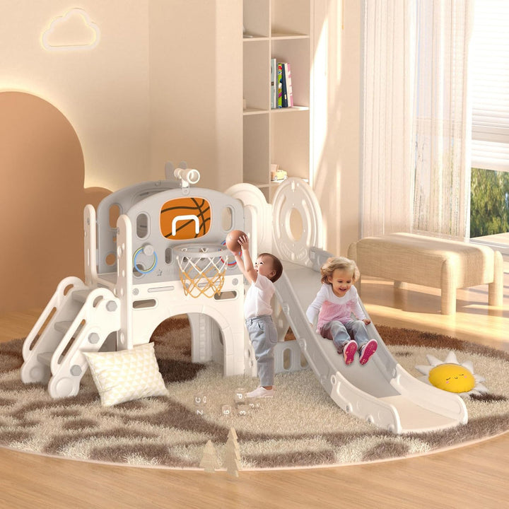 8 in 1 Toddler Slide Set, Kids Slide for Toddlers Age 1+, Toddler Climber Slide Playset with Basketball Hoop and Ball,Outdoor Indoor Playground for Toddlers 1-3 (Beige Grey, 8 in 1)