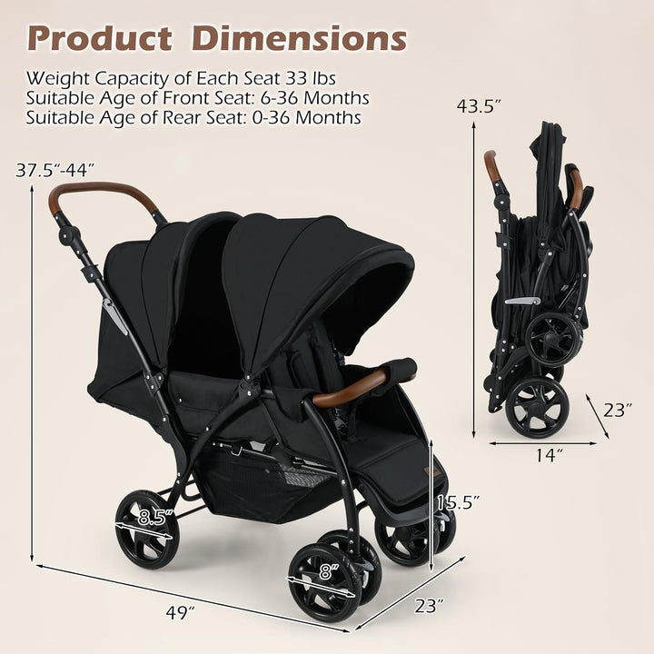 Double Stroller, Foldable Baby Tandem Stroller with Djustable Backrest Canopy Footrest, 5-Point Harness, Storage Basket, Convertible Compact Twin Stroller for Infants and Toddlers