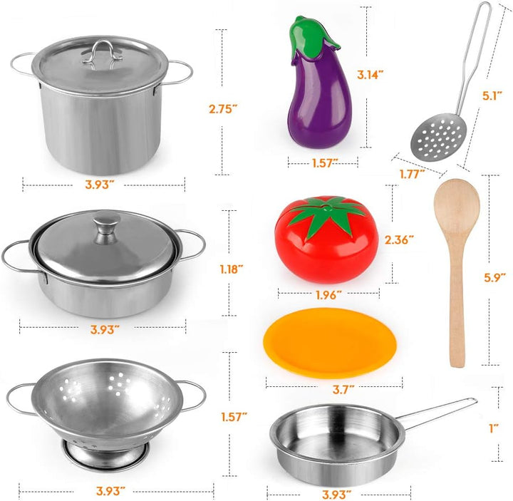 Play Kitchen Accessories, Kids Play Pots and Pans Playset with Mini Stainless Steel Pretend Play Cooking Toys, Cookware Utensils, Apron and Chef Hat, Cutting Food for Toddler Boys Girls
