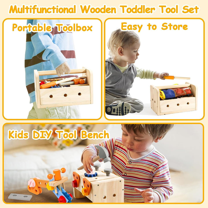 Kids Tool Set with Apron, Wooden Toddler Tool Bench Montessori Toys for 2+Year Old 39 PCS Educational STEM Construction Toys for Ages 2-4 Pretend Play Toddler Toys 3 4 5 Year Old Birthday Gift
