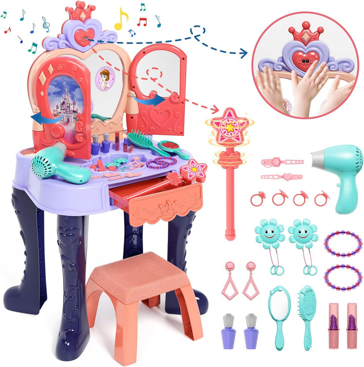 Toddler Makeup Table with Mirror and Chair, Kids Makeup Vanity Set with Accessories and Lights and Music Sound for Girls, Toddlers 3-5 Years Old