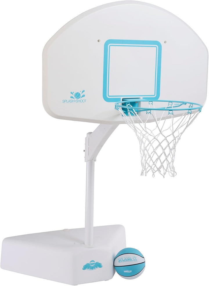 Dunn-Rite Splash & Shoot Clear Outdoor Adjustable Height Swimming Pool Basketball Hoop W/Ball, Base, & 18 Inch Stainless Steel Rim, Blue