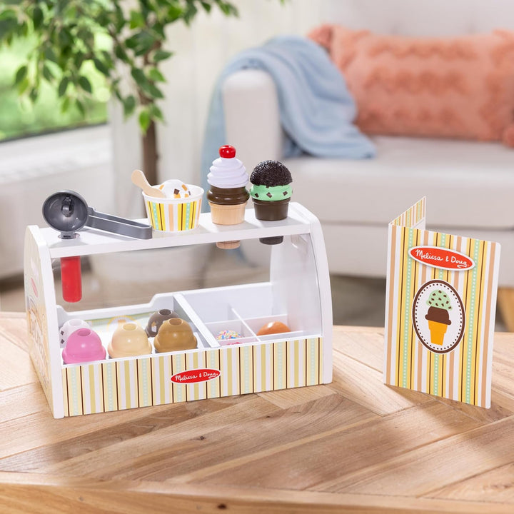Wooden Scoop and Serve Ice Cream Counter (28 Pcs) - Play Food and Accessories