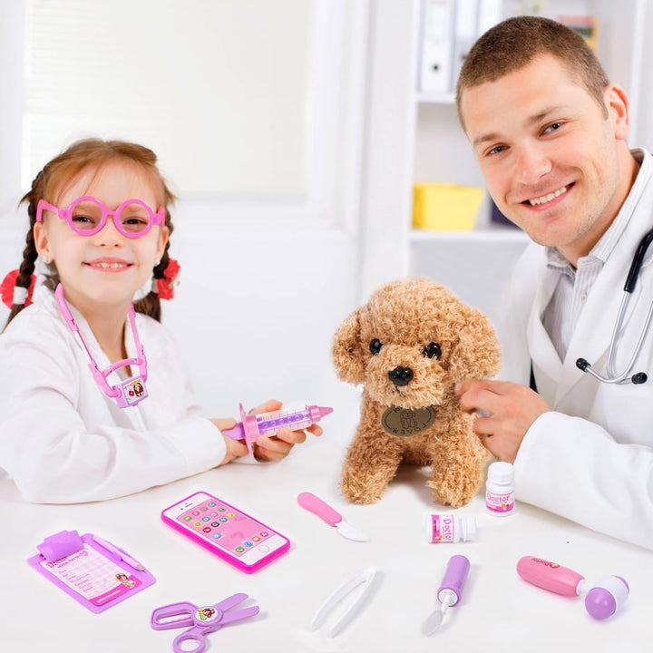 Toy Doctor Kit for Girls - Pretend Play Doctor Set with Dog Toy, Carrying Bag, Stethoscope Toy & Dress up Costume - Doctor Play Gift for Kids Toddlers Ages 3 4 5 6 Year Old for Role Play