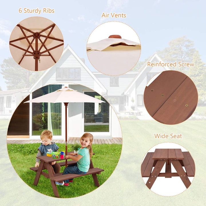 Kids Picnic Table, Fir Wood Kids Outdoor Table and Chairs with Removable Umbrella, Toddler Picnic Table for Patio, Backyard, Garden (Natural)