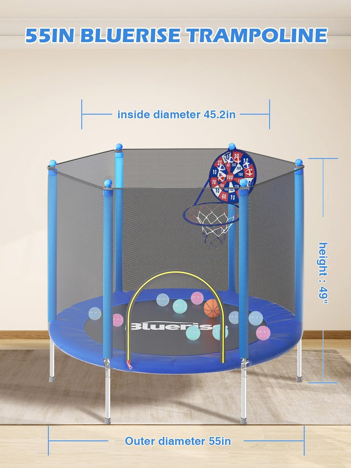 Trampoline 55IN 6FT Toddler Trampoline for Kids Indoor Outdoor Play for Kids Trampoline Basketball Hoop Attachment with Enclosure Net Easy to Assemble Outdoor Indoor Trampoline