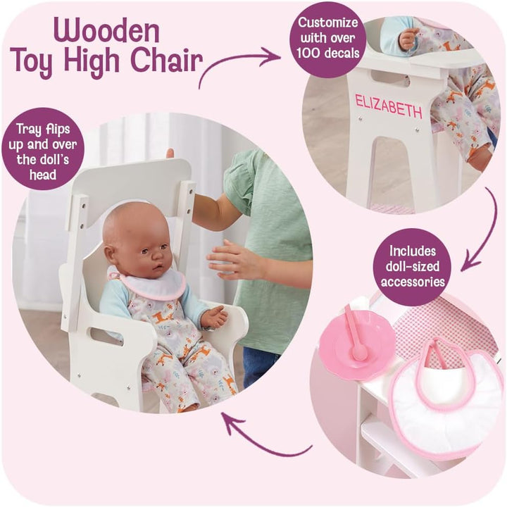 Wooden Baby Doll High Chair - Fits 18" Dolls - Includes Tray, Bib & Free Personalization Kit - Best for Toddler Girls for Pretend Play - White with Pink Gingham Seat